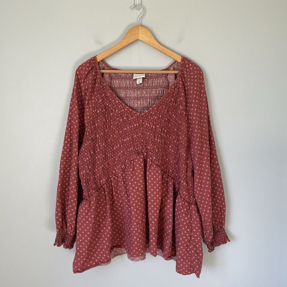 Ava & Viv Boho Smocked Flowy Blouse Top Cottagecore 100% Cotton Red Size 3X